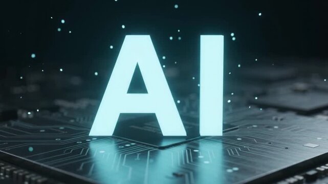 Abstract digital particles emerging from a computer chip representing data flow AI and technology concepts