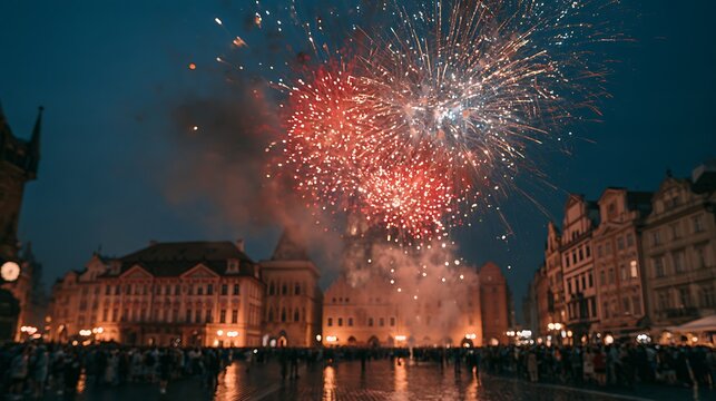 Happy new year celebration with vibrant fireworks display illuminating the night sky over a historic city square