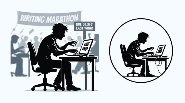 Writer focused on laptop at desk finishing manuscript during intense writing marathon event isolated on white