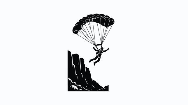 Skydiver with open parachute descending near rocky mountain as vector illustration on transparent background