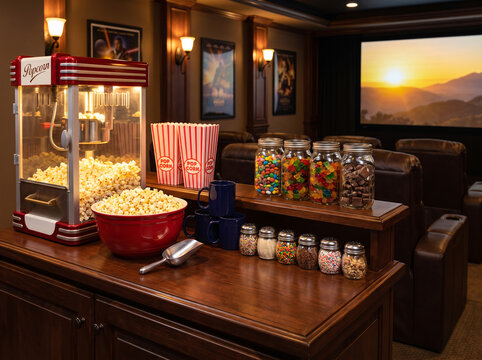Private home theater snack station holds retro popcorn machine, candy jars, striped cups, leather seats and sunset movie screen.
