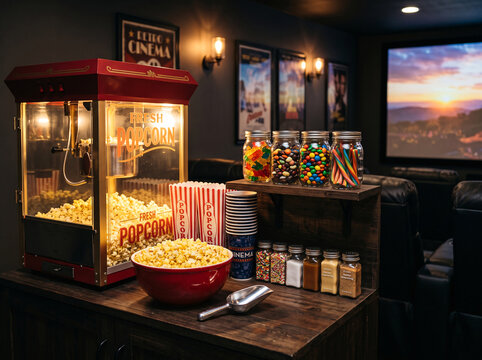 Private home theater snack station holds retro popcorn machine, candy jars, striped cups, leather seats and sunset movie screen.