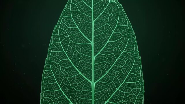 Glowing green leaf veins pulsing with vibrant light in a dark macro video clip animation