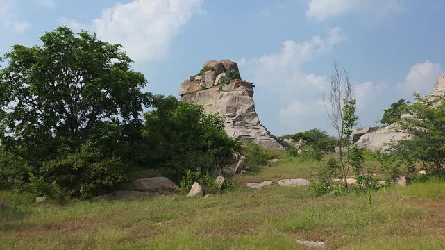 Natural granite rock formation surrounded by greenery