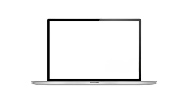 Modern silver laptop computer with blank white screen mockup isolated