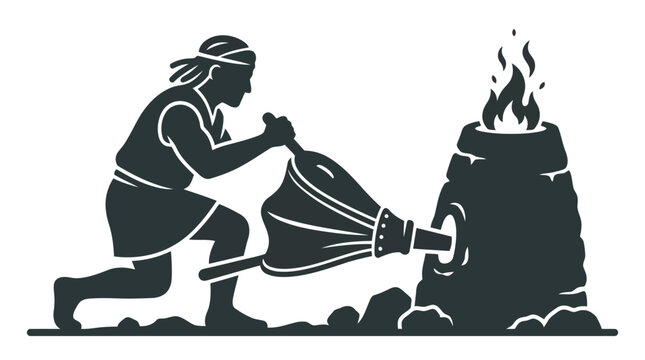 Ancient blacksmith using bellows to stoke furnace vector illustration
