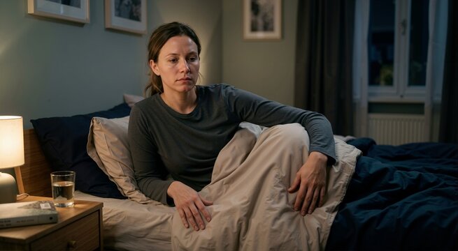 Woman with PTSD resting in bedroom after interrupted sleep. Nightmares and sleep disruption