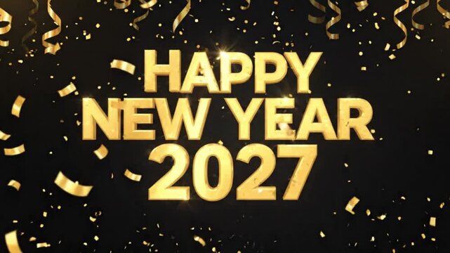 Happy New Year 2027 text with falling golden confetti on black