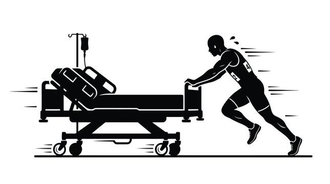 Energetic runner pushing a hospital bed at high speed symbolizing urgent medical care vector illustration