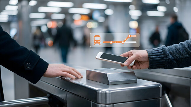 Person using mobile payment app at modern subway turnstile gate in transit station.