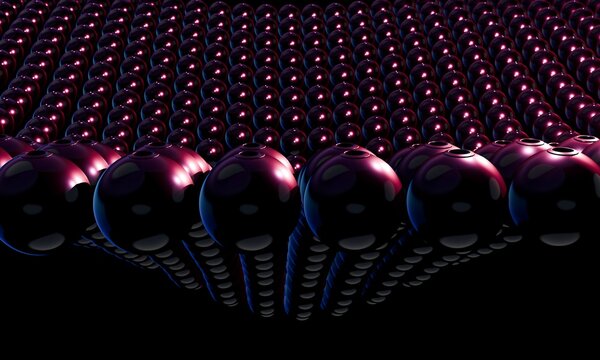 Suspended 3D sphere rows dropping into darkness