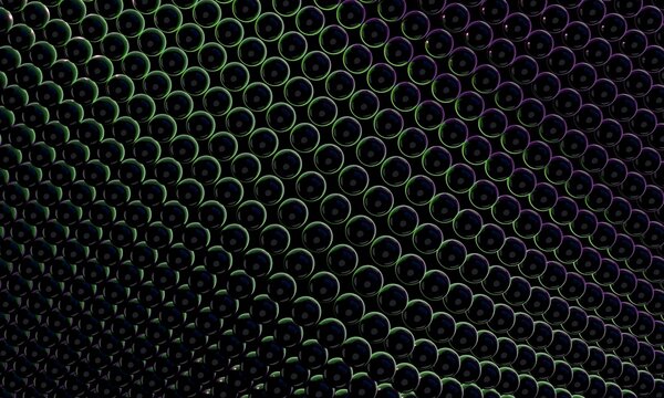 Black 3D spheres rendered with green and violet rims