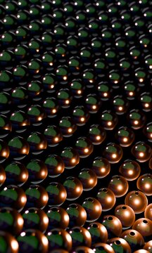 Copper and green 3D balls receding in rows