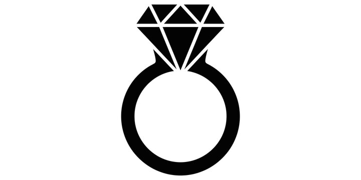 Diamond engagement ring black silhouette icon isolated on transparent background for wedding jewelry design.