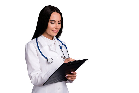 Close-up profile side view portrait of her she nice attractive lovely latin hispanic brunet girl experienced doc writing examining patient isolated on grey violet purple pastel color background