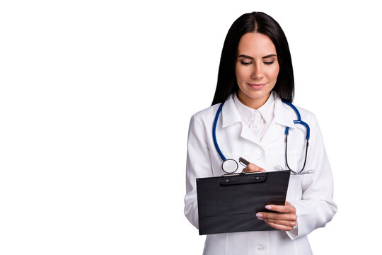 Close-up portrait of her she nice attractive concentrated brunet girl doc practicing expert writing sickness history meds pills isolated over grey violet purple pastel color background