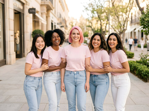 Reast cancer awareness month diverse group of five young women wearing matching pink tshirts and jeans standing together outdoors on a city street, smiling and looking at the camera
