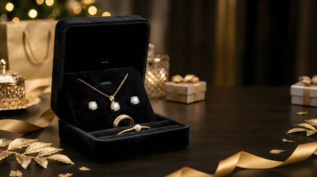 Luxury jewelry display with necklace earrings and ring in black
