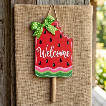 Decorative wooden welcome sign shaped like a watermelon popsicle hanging on burlap fabric