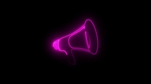 Pink Neon Glowing Megaphone Outline Drawing Animation on Black Background