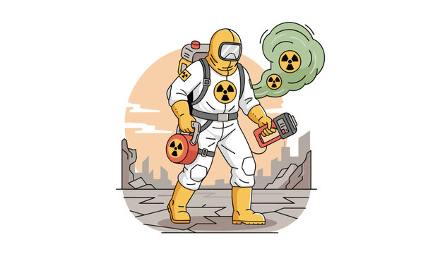 Worker wearing a protective hazmat suit holds a geiger counter and carries a radioactive canister in a ruined city.