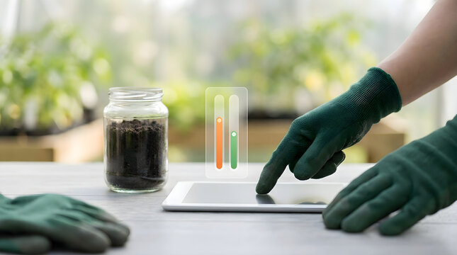 Person monitoring soil moisture levels using a smart tablet device in a garden setting.