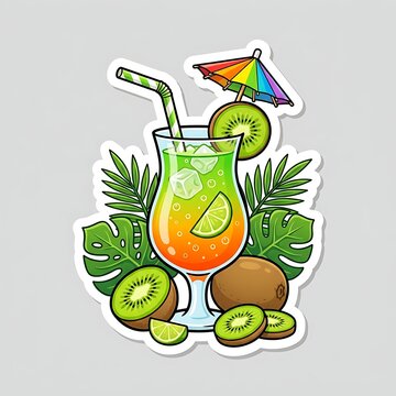 A colorful cartoon tropical cocktail with kiwi fruit and umbrella sticker
