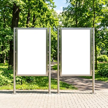 Two empty vertical billboards stand on a paved walkway inside a green public park