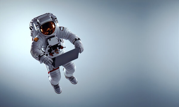 Futuristic astronaut working on a laptop while floating in zero gravity