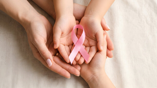 Reast cancer awareness month family hands holding pink ribbon for breast cancer awareness, support, and hope
