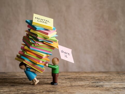 Mental load concept with colorful sticky notes and figurines