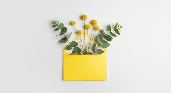 Bright yellow envelope filled with green eucalyptus leaves and small yellow billy button flowers