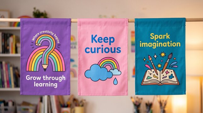 Colorful motivational learning posters with phrases grow through learning keep