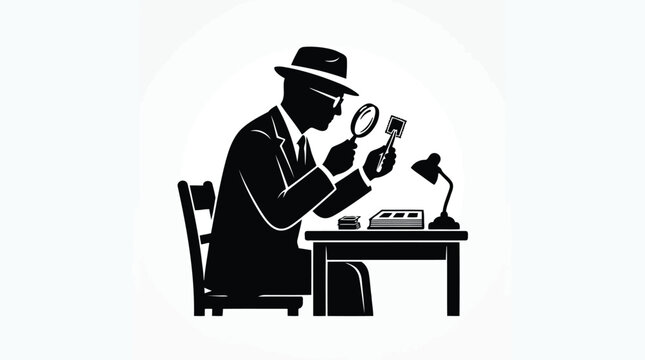 Stamp expert examining rare postage stamp with magnifier at desk vector illustration