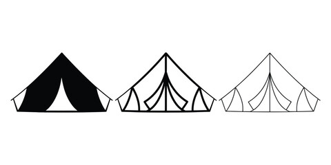 Military tent icon, silhouette vector outline and line art symbol for field camps, outdoor shelter, defense operations, military equipment and expedition design. © MARUF 44