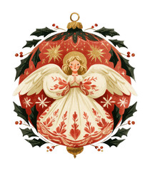 Obraz premium PNG Festive blonde angel woman ornament with holly and red holiday design