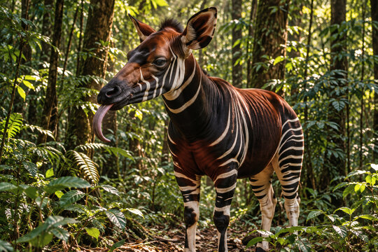 Okapi, Okapia johnstoni, standing in a lush tropical forest with its long tongue extended, showing distinctive striped legs, reddish brown coat and large ears.