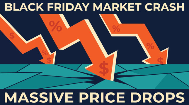 Black Friday market crash vector illustration, massive price drops with falling red arrows, stock market collapse and economic discount concept