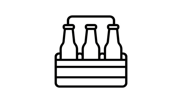 Beer crate outline icon showcasing three glass bottles in wooden carrier.