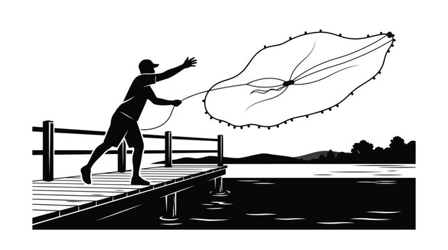 Fisherman throwing cast net from wooden pier into calm lake vector graphic