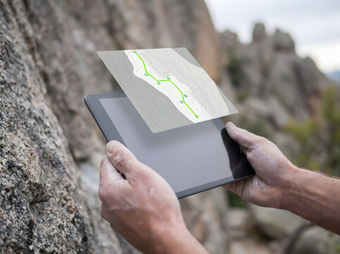 Hiker using a tablet to view an augmented reality hiking trail map outdoors.