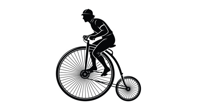 Vintage vector silhouette of a man riding a penny farthing bicycle with a large front wheel