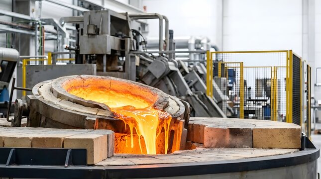 Industrial crucible pouring glowing molten metal in foundry manufacturing plant