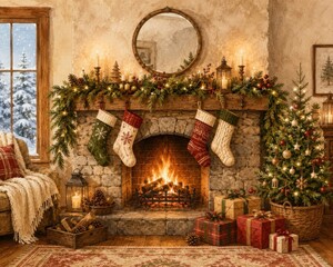 Obraz premium Cozy rustic Christmas living room with fireplace and tree