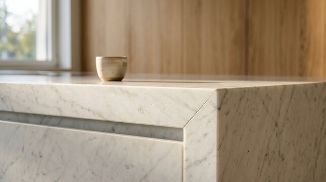 Close up of a premium white marble kitchen island featuring a ceramic cup in a modern minimalist interior with warm wood paneling and bright natural window light architectural photo.