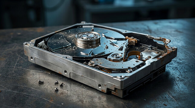 Damaged mechanical hard drive with shattered platters on a dark industrial workbench representing data loss and hardware failure computer technology repair recovery