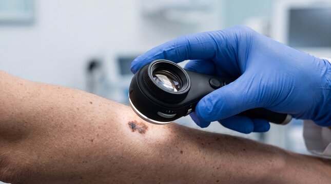 dermatologist examining skin with dermatoscope, extreme close-up of gloved hand during professional clinical skin examination