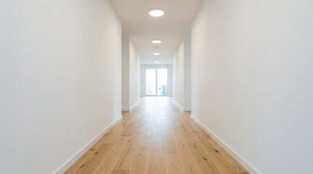 Bright Empty White Hallway with Light Wooden Floors Leading to a Glass Door in a Luxury Residential Apartment or Modern Office Building Interior featuring Clean Minimalist Architecture.