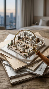 Detailed 3D miniature architectural floor plan model of a luxury apartment examined with a magnifying glass on a stack of books in a modern room with a sunset city view urban background.