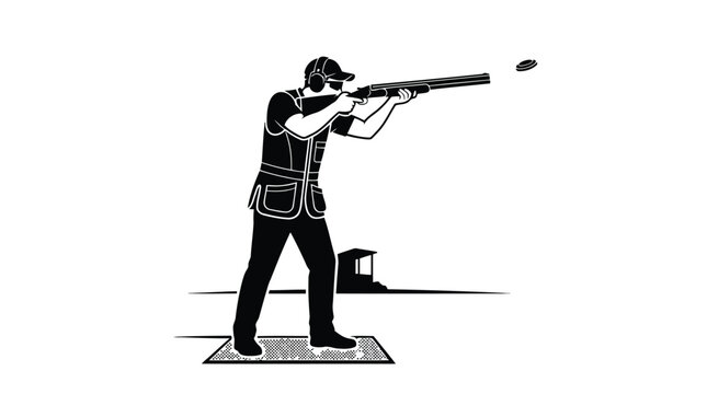 Clay pigeon shooter aiming shotgun at flying clay target vector graphic design